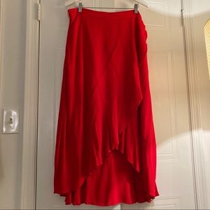 Red high-low faux-wrap midi skirt with ruffle. Anne Taylor size 14. Vibes =💃🏽✨